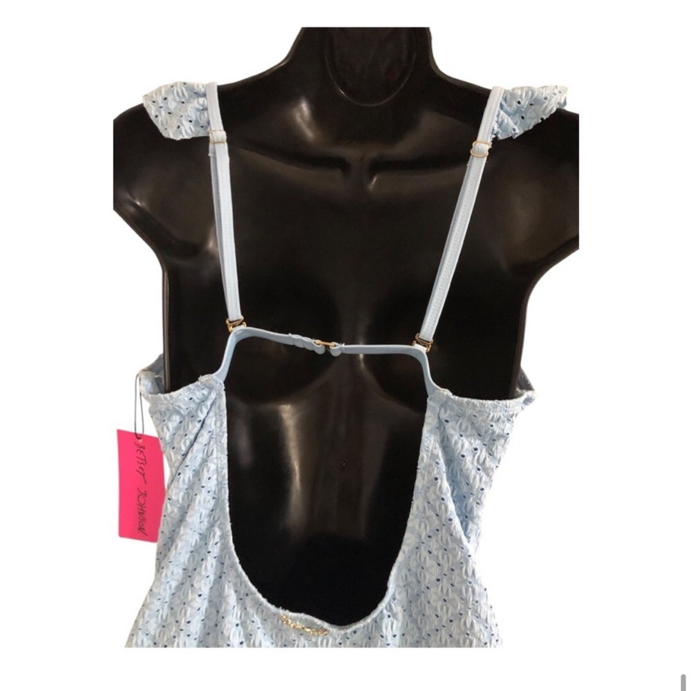 Betsey Johnson Clear sky blue 1piece Ruffle strap eyelet Swimsuit size large new - Picture 7 of 15